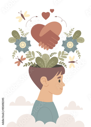 Mental Health. Harmony and Kindness. Concept with Caring Hands, Heart and Nature in Human Mind. Boy Head with Heart and Flowers in Clouds. Wellness. Vector Illustration. Not AI