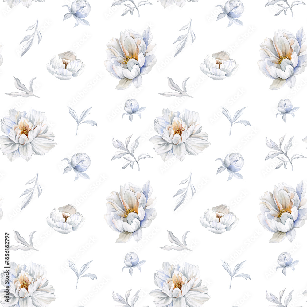 Obraz premium Seamless watercolor pattern of white peonies and gray leaves on a white background. Hand drawn floral background for textiles, scrapbooking and wallpaper.