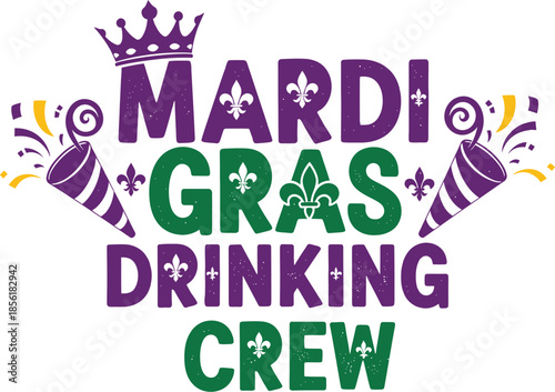 Mardi gras drinking crew logo with crown and party horns