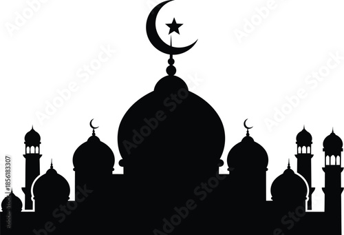 Beautiful mosque silhouette with crescent moon and star