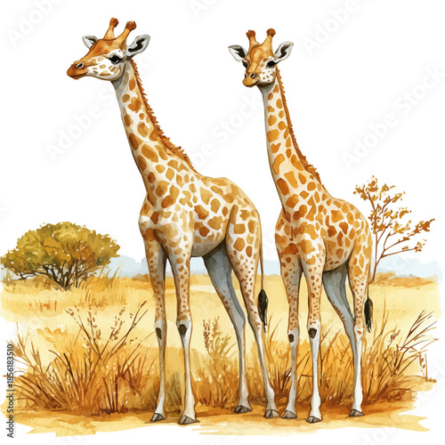 Sticker Two Giraffes Standing, watercolor illustration vector, isolated on a white background