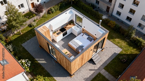 Modern Wooden Cube Home Visualization 4K Real Estate Homestaging Design AI Natural