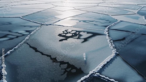 Cracked frozen lake surface with smooth icy plates and soft winter light creating a minimal abstract nature texture showing cold weather and seasonal danger