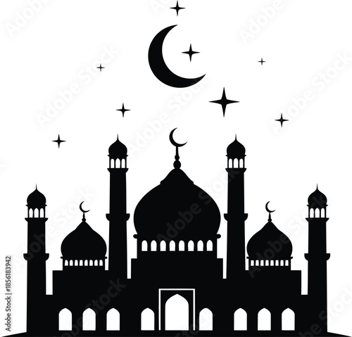 Beautiful mosque silhouette under crescent moon and stars