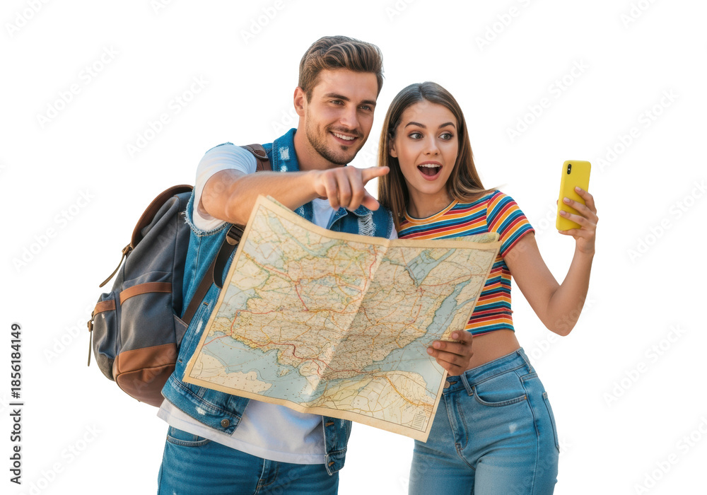Fototapeta premium young caucasian couple (denim vest, striped crop) pointing at an antique map and smartphone in a scenic coastal town; blurred white architecture background, high-key lighting. Concept of spontaneous