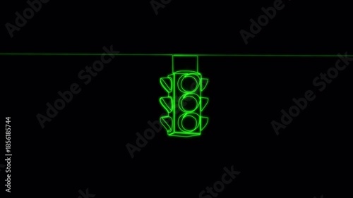 Video. Sketch of a neon traffic light with a smooth continuous line. Traffic light icon drawing for traffic safety, street management and urban design projects. Animation on a black background 4K.