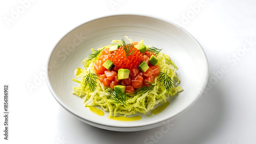 Minimalist, a modern salmon tartare bowl with a base of finely shredded savoy cabbage, diced salmon, avocado, and ikura salmon roe, with dill oil drizzle 