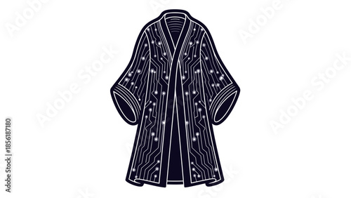 Traditional embroidered dark blue kimono style robe with intricate designs.