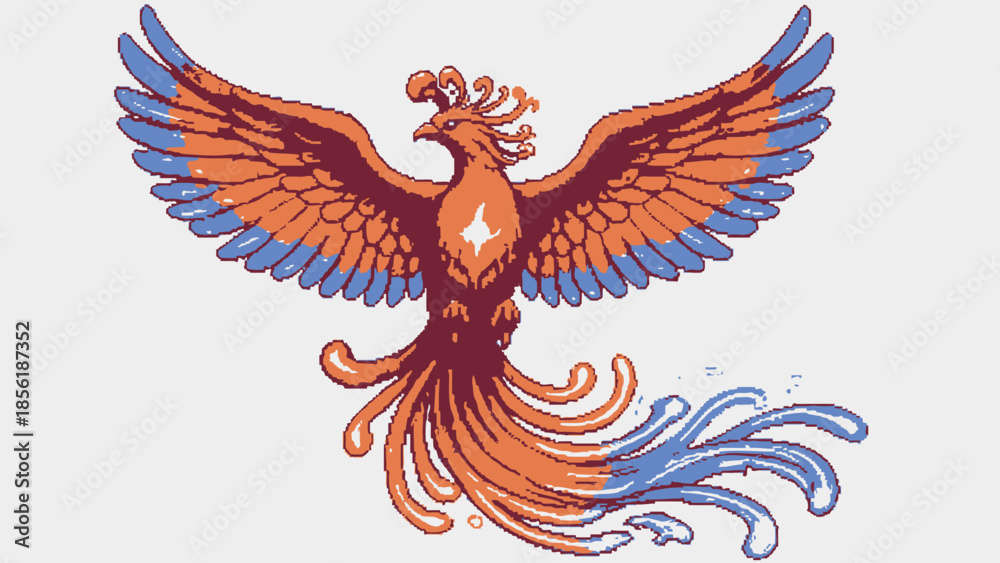 Fototapeta premium Vibrant Phoenix Bird Illustration with Orange and Blue Feathers.
