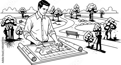 Landscape architect man designing outdoor park with new trees vector illustration
