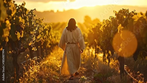 Jesus Christ walking through a vineyard at sunset, spiritual and religious scene.