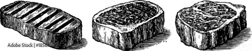 Vintage engraved illustration set of marbled steaks for culinary design
