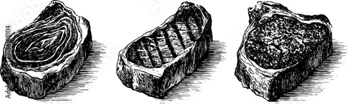 Vintage engraved steak illustration set featuring marbled cuts