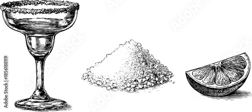 Vintage margarita glass with salt and lime hand-drawn sketch for retro design