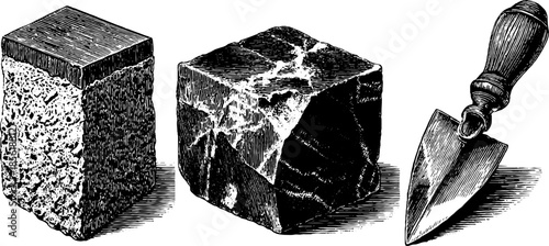 Vintage engraved illustration set of masonry blocks with trowel tool for construction design
