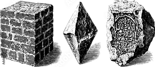Vintage engraved illustration of three medieval stone objects - design for historical art and prints