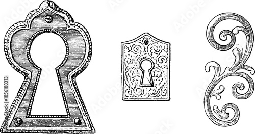 Vintage ornamental key and keyhole collection design for retro decor and antique projects