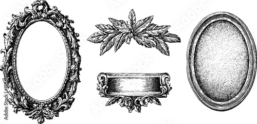 Vintage engraved oval frames and decorative elements set for design