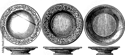 Vintage engraved plate designs with decorative rims for antique style projects and collectibles