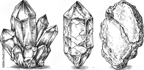 Vintage quartz crystal collection: three engraved illustrations for retro design