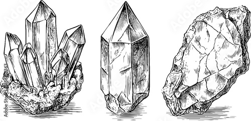 Vintage crystal sketches: hand drawn quartz engravings for retro design and decor