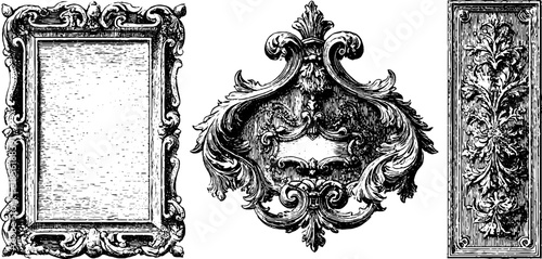 Ornate vintage engravings set with rectangular frames and decorative patterns for design