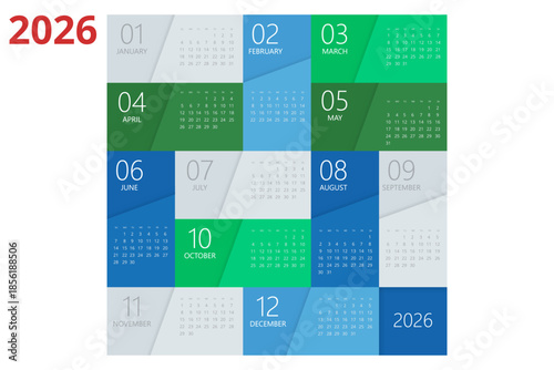 Calendar planner for 2026. 2026 calendar design, set of 12 months. Elegant yearly planner layout for business, corporate documents, reports and modern scheduling systems.