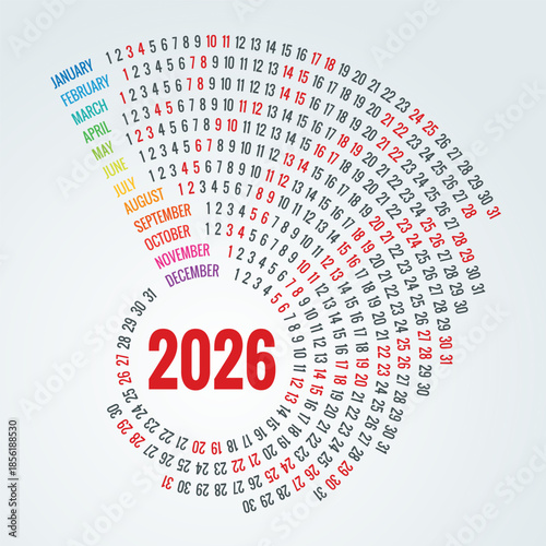 Circular Calendar planner for 2026. 2026 calendar design, set of 12 months. Elegant yearly planner layout for business, corporate documents, reports and modern scheduling systems.