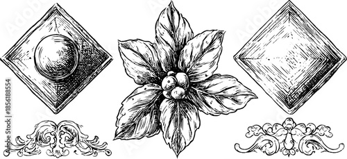 Vintage hand drawn engraved illustration set featuring sculpted geometric designs and floral element