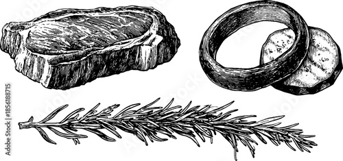 Vintage engraved food set with steak slice rosemary and onion rings for culinary design