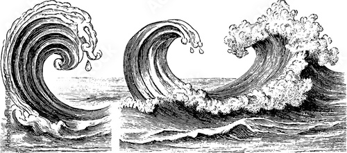 Vintage engraved waves set for retro design and inspiration