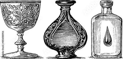 Vintage engraved illustration set of three wine glass and bottles for retro design
