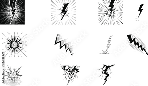 Collection of various black and white explosion and lightning bolt graphics