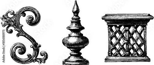 Vintage wrought iron ornament set sketch - decorative elements for design projects