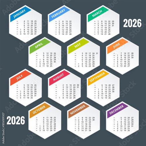 Calendar planner for 2026. 2026 calendar design, set of 12 months. Elegant yearly planner layout for business, corporate documents, reports and modern scheduling systems.