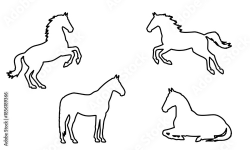 Horse silhouette set, side view. Isolated outline element of rearing, jumping, trotting, standing, lying, galloping horse on white background. Vector icon, logo, illustration.