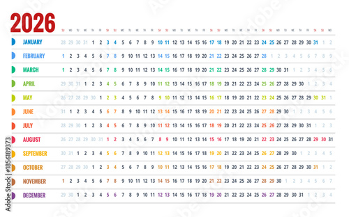 Calendar planner for 2026. 2026 calendar design, set of 12 months. Elegant yearly planner layout for business, corporate documents, reports and modern scheduling systems.