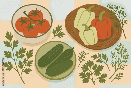 Picnic herbs olive vector spread wooden bowls tomatoes icon text no vegetable
