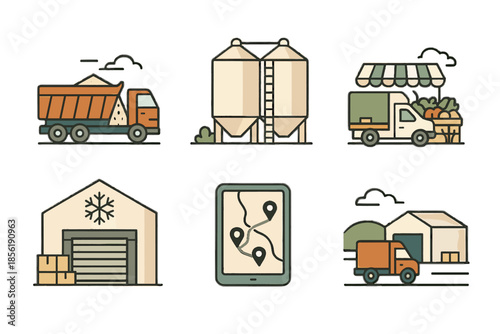 Overview lighting silos logistics market vector icon unified minimal cold delivery distribution