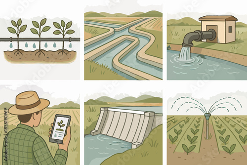 White text systems details over vector water icon dam pump agricultural station