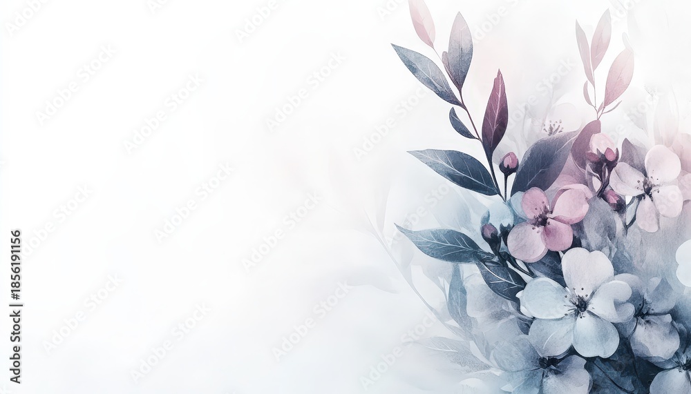 Obraz premium Soft watercolor botanical arrangement features delicate blossoms and leaves against a bright backdrop