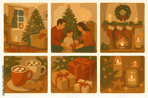 Vector living background wrapped icon decorated homes tones cozy cocoa christmas family
