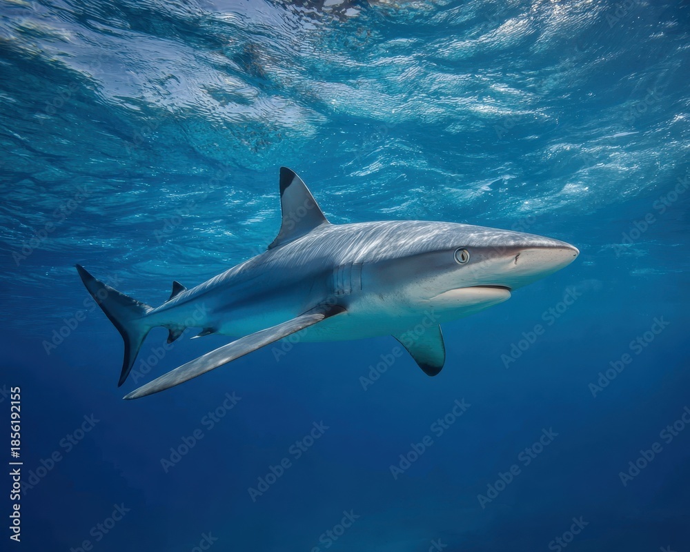 Fototapeta premium Silky Shark Gliding Through Crystal Clear Ocean Waters of Florida: An Underwater Exploration of Blue Reef Life