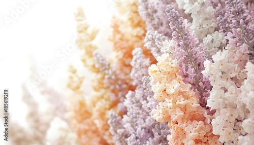 Pastel colored flower blossoms arranged closely together with bright white space on the left