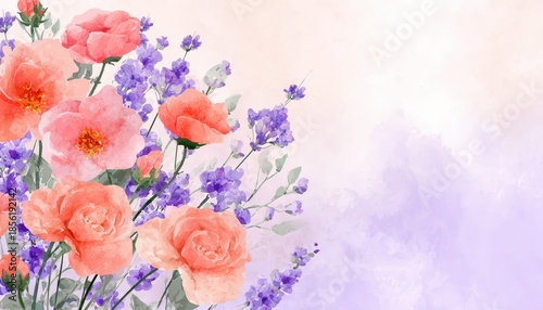 Delicate watercolor rendering of pinkish orange blossoms and purple spiky blooms adorns the corner of a soft background
