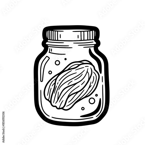 Black and white illustration of a jar containing a pickled vegetable.