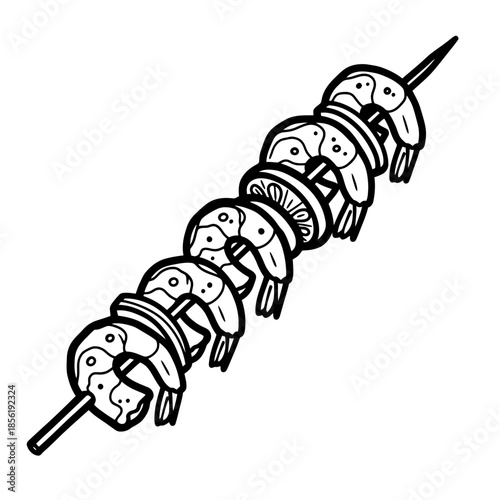 Black and white illustration of a skewer with grilled meat and vegetables.