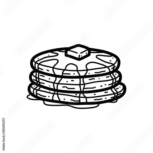 Stack of pancakes with butter on top, simple black and white illustration.