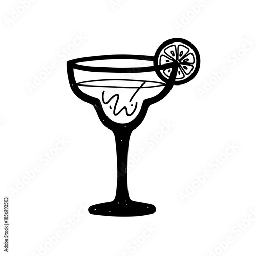 Black and white illustration of a margarita cocktail in a glass with a lime garnish.