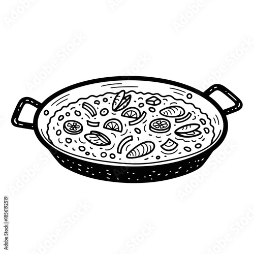 Black and white illustration of paella dish in a pan.